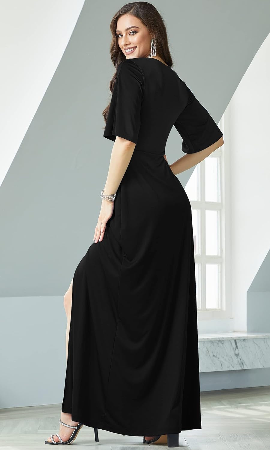 Womens 2026 Long Short Sleeve V-Neck Sexy Slimming Casual Summer Maxi Dress